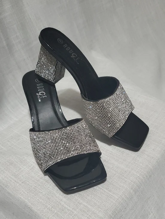 Rouge Helium Silver Crystal Block Heel Mules - Picture 1 of 3